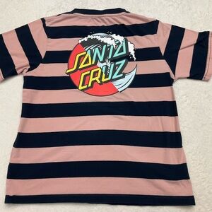 SANTA CRUZ Skateboards Pink and Navy Striped Logo Tee Woman XS Surf Beach Skate